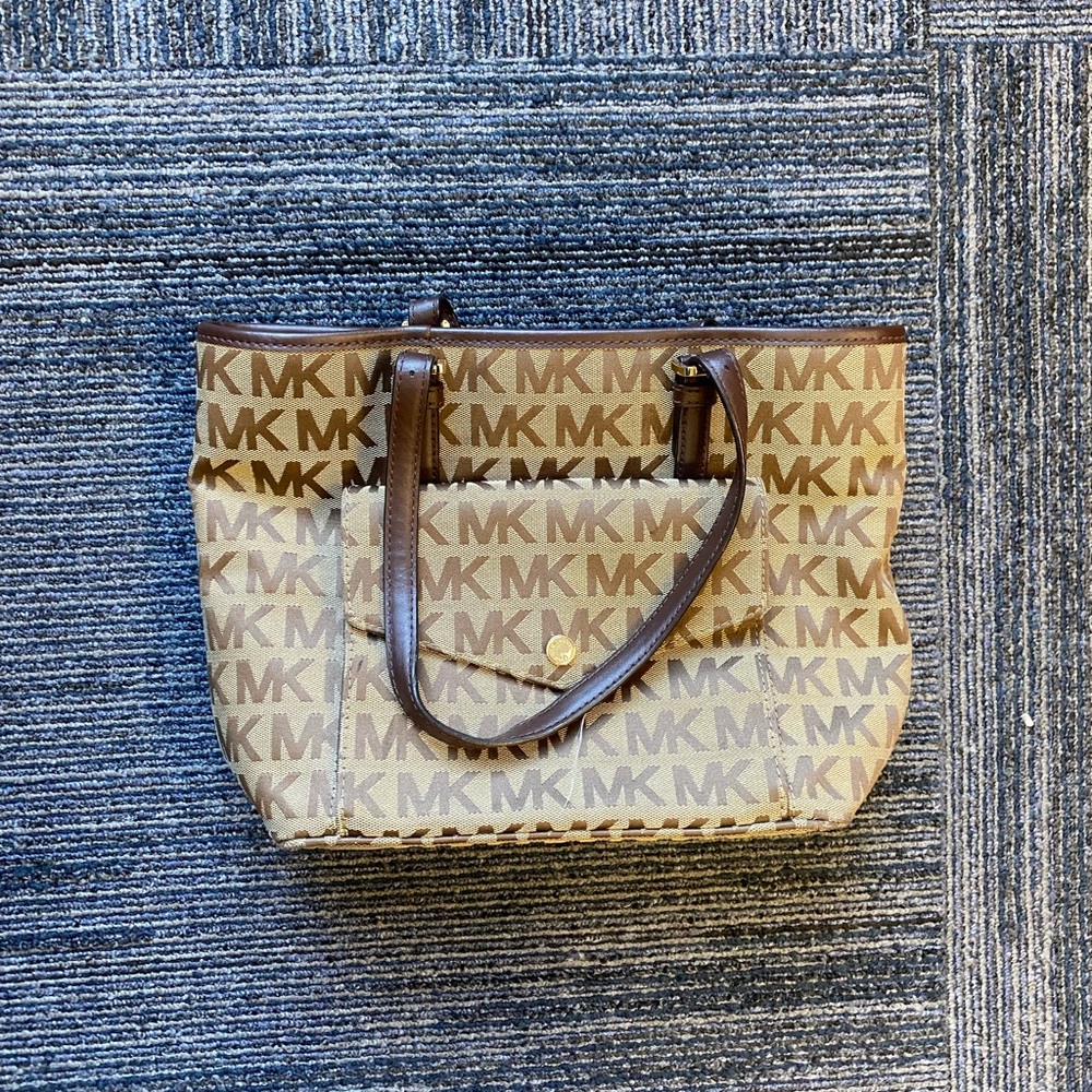 Michael Kors Tan and Brown MK Logo Tote